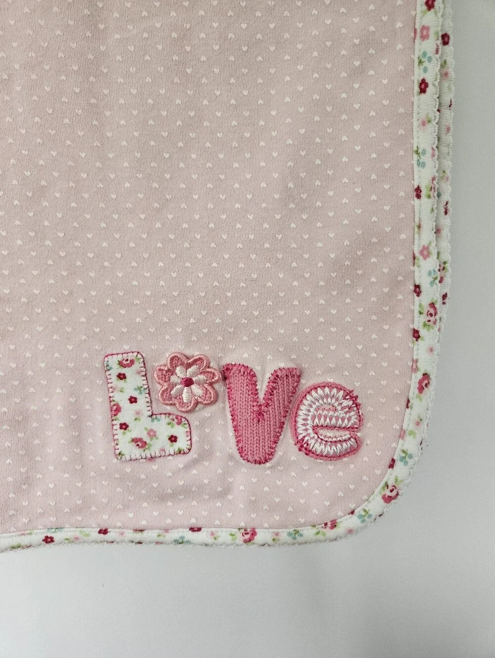 Vintage Carters Cotton Baby Blanket Love Applique Pink With Floral Back